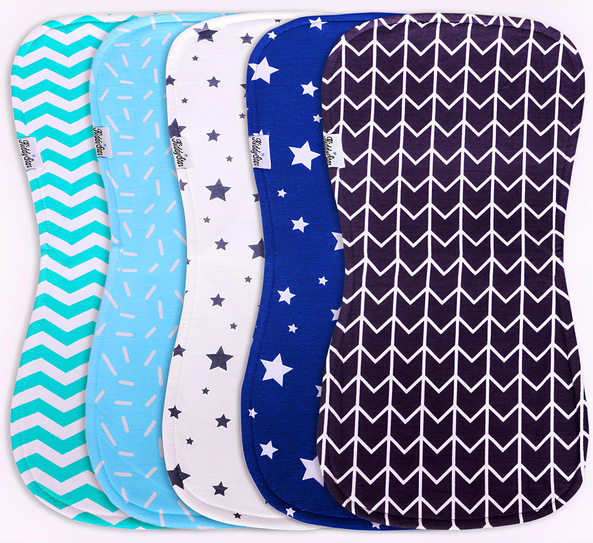 KiddyStar burp cloths 5-pack pack shot shows extra-large coverage for mess protection