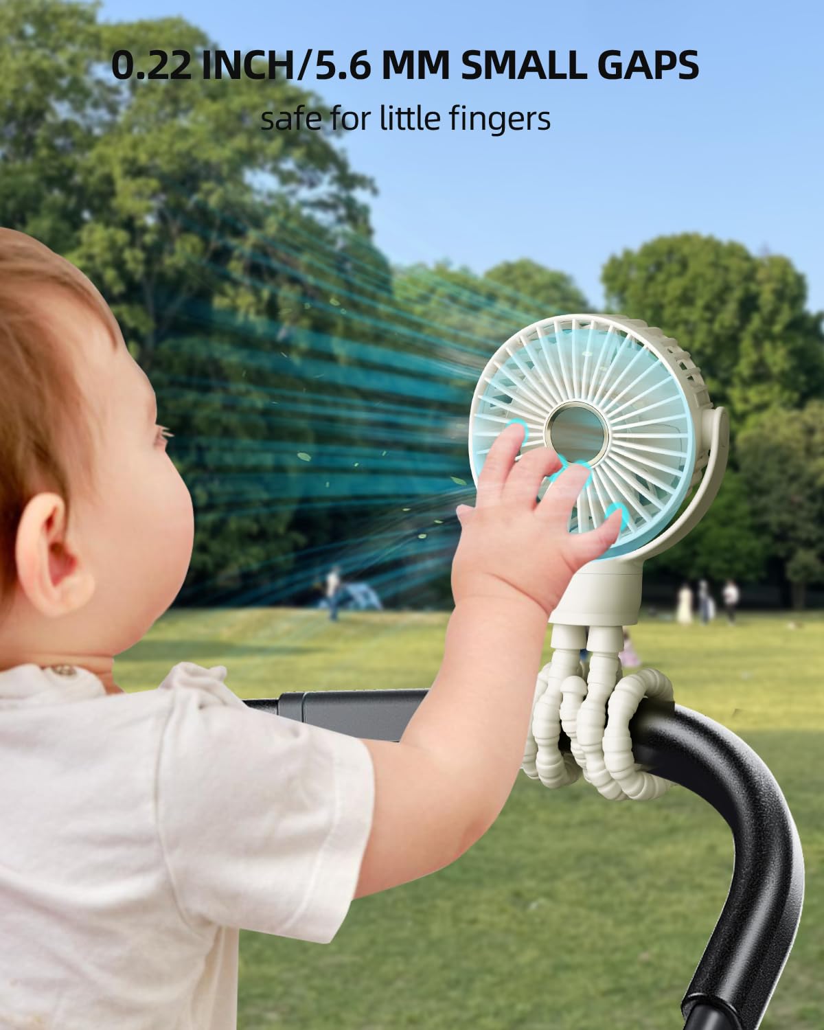 KIDEE portable-stroller fan on a desk highlighting 3-speed control