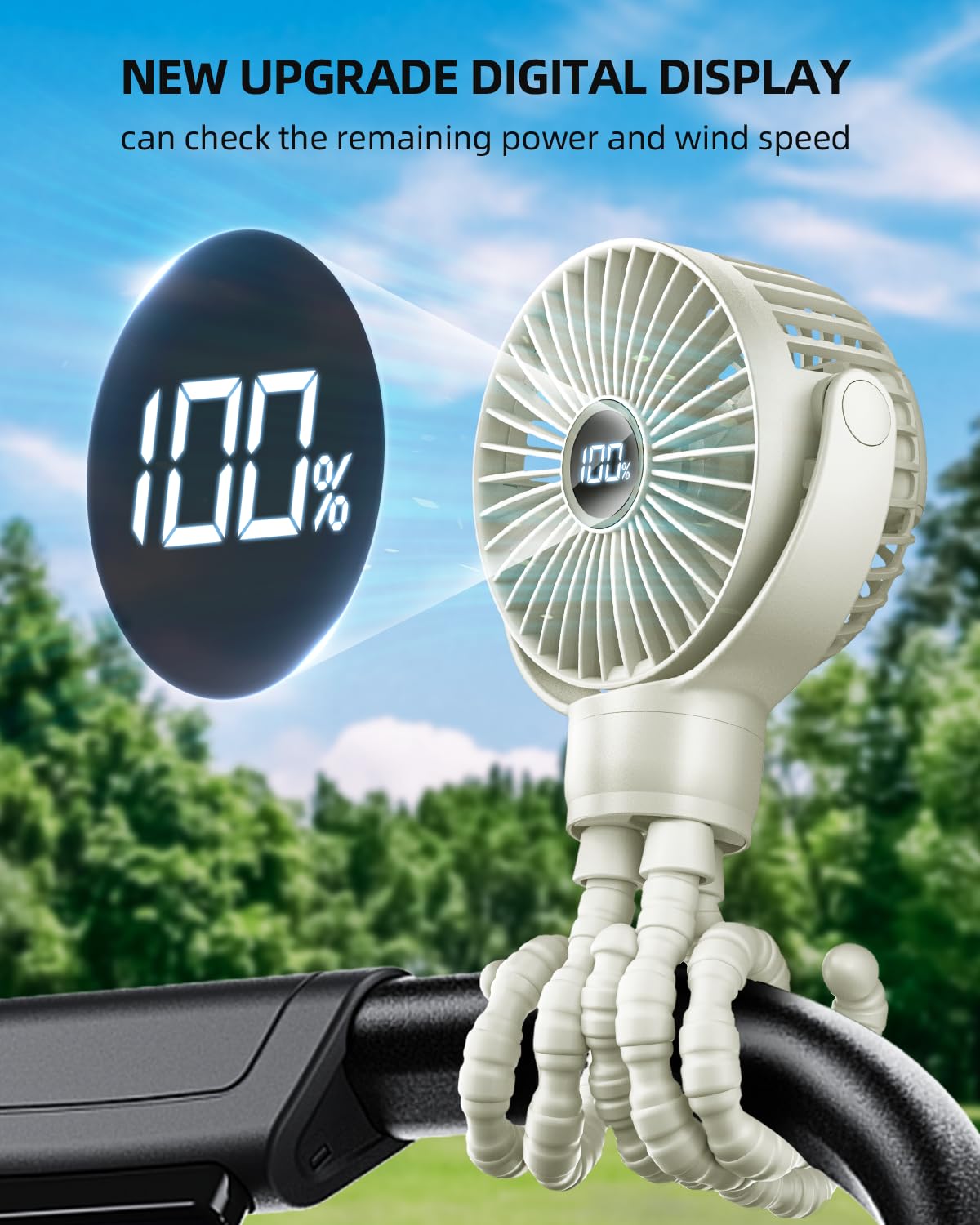 KIDEE portable stroller fan clipped on demonstrates easy clip-on versatility for parents