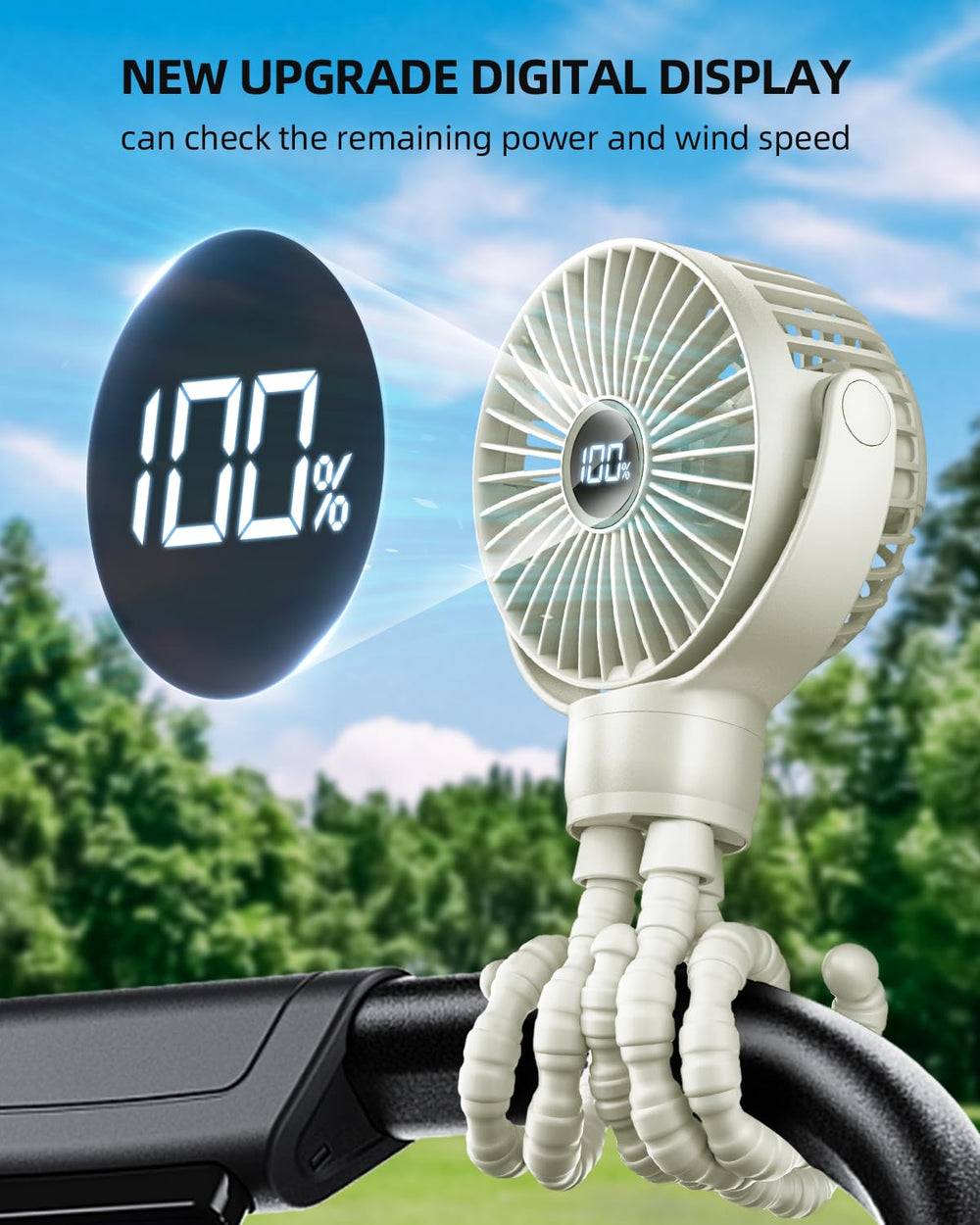 KIDEE portable stroller fan clipped on demonstrates easy clip-on versatility for parents