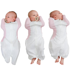 KIDIRA arm-up swaddle demonstrates arms-up pose for self-soothing and restful sleep.