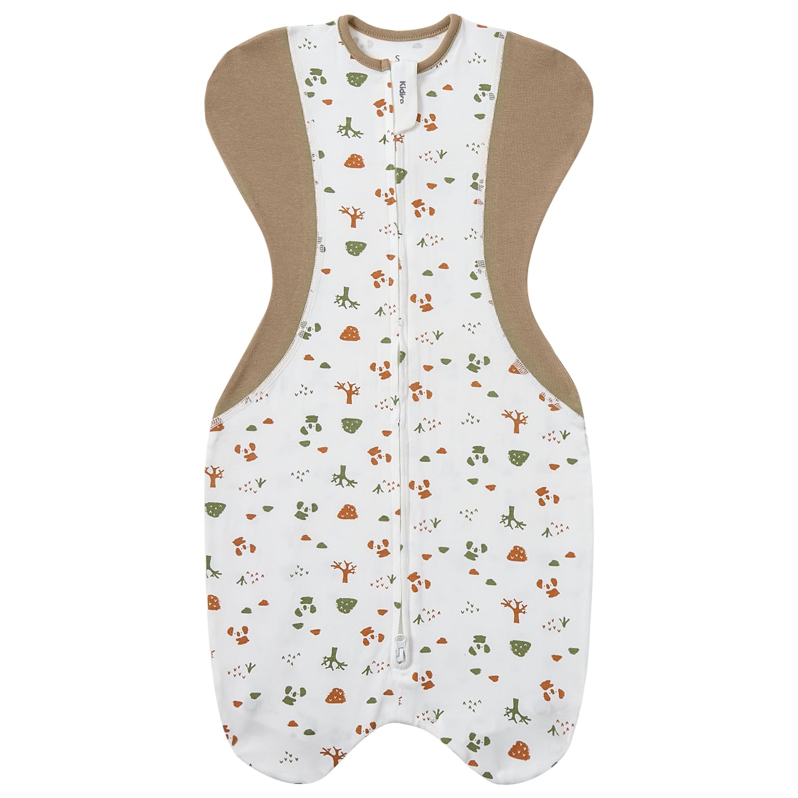 KIDIRA bear-forest swaddle front view shows arms-up comfort for self-soothing