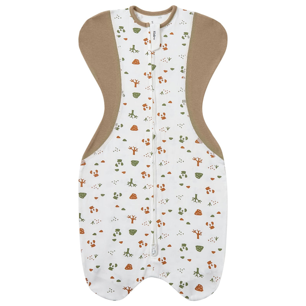 KIDIRA bear-forest swaddle front view shows arms-up comfort for self-soothing