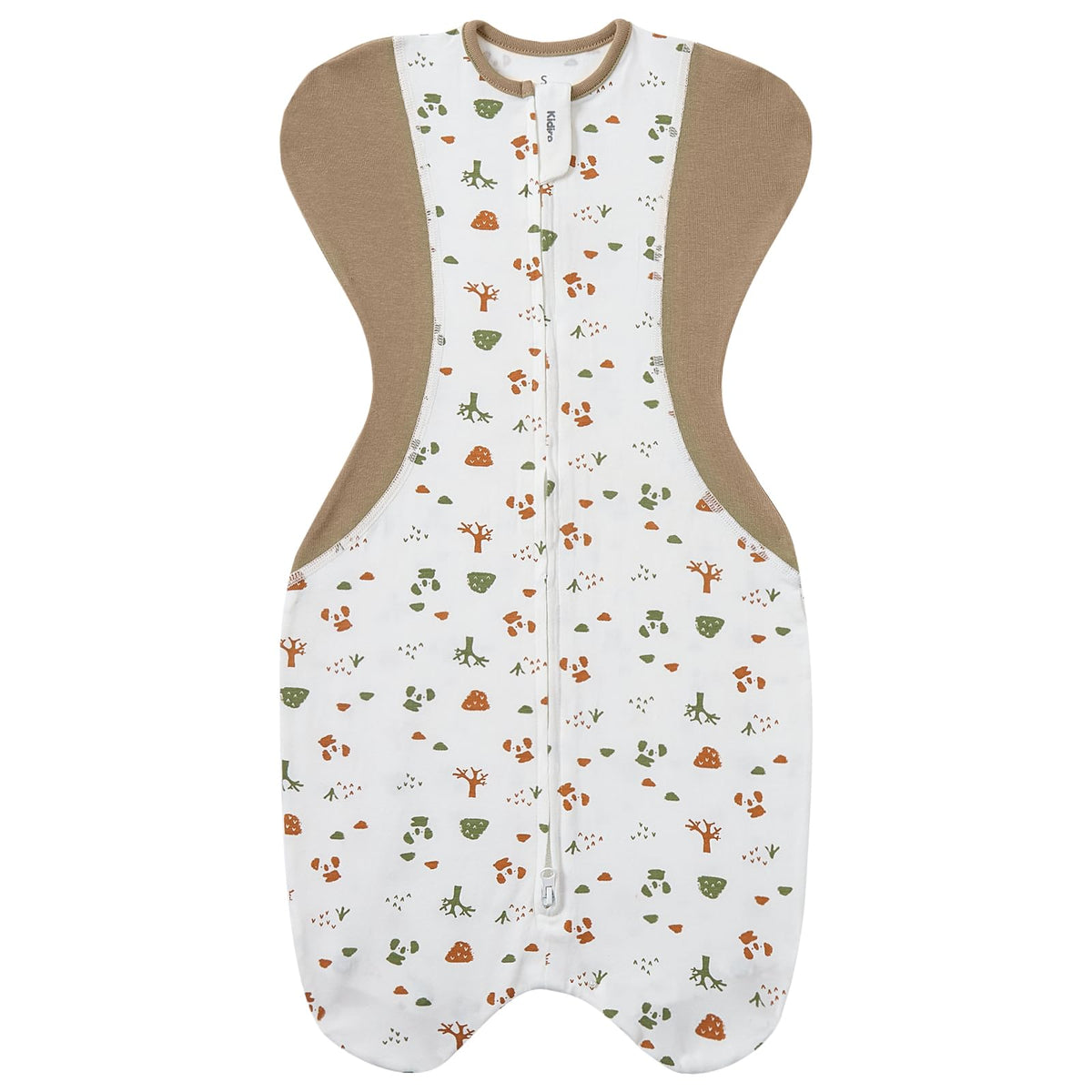 KIDIRA bear-forest swaddle front view shows arms-up comfort for self-soothing