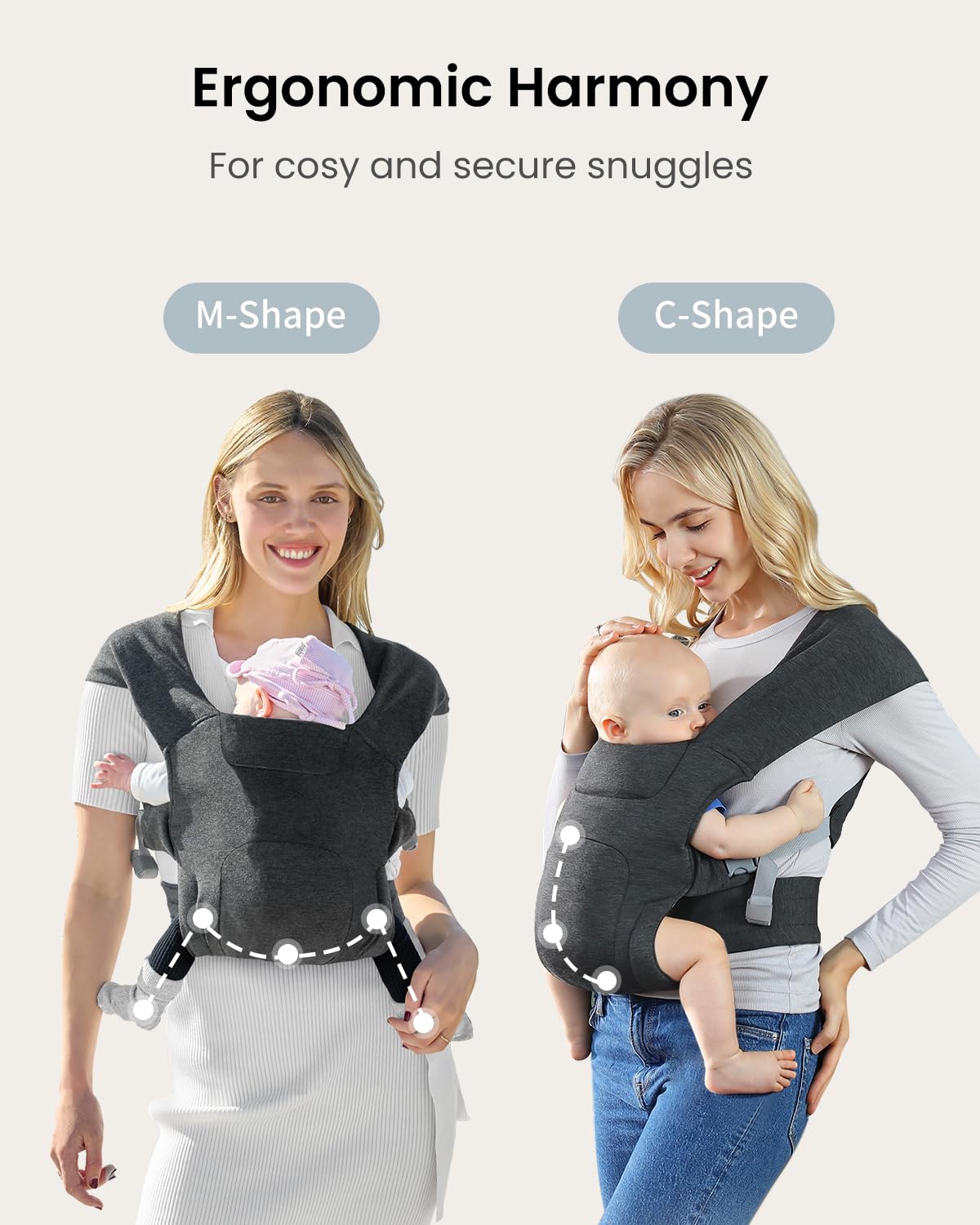 KIDIRA ergonomic cross-back wrap shows M-position support for hip-friendly design.