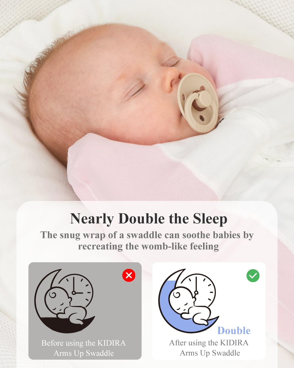 KIDIRA swaddle 2-way zipper close-up shows easy midnight changes.