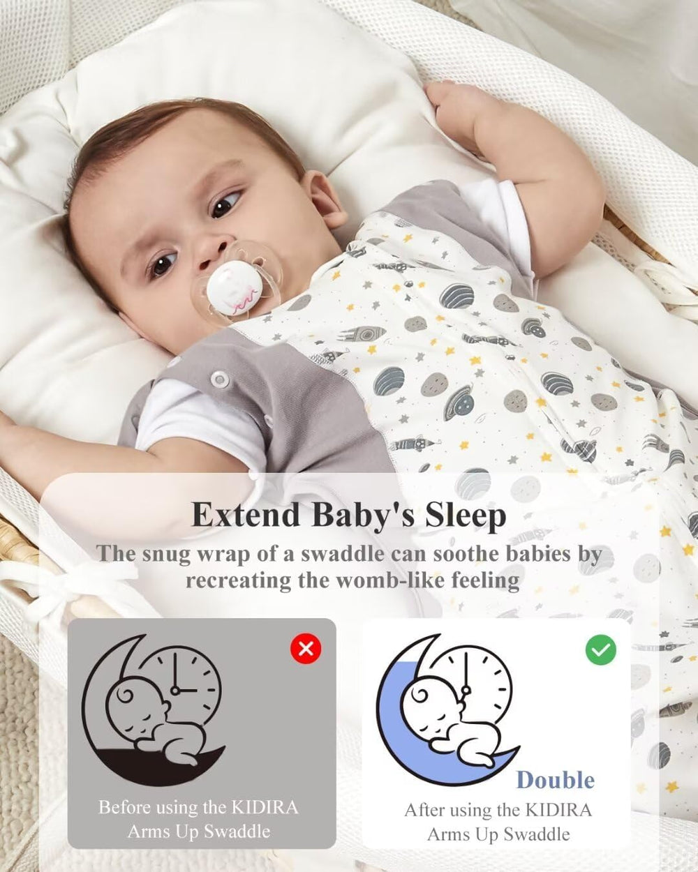 KIDIRA Transition Swaddle arms-free positioning supports self-soothing and flexible sleep poses.