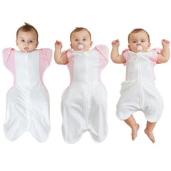 KIDIRA transition swaddle arms-in-out pink demonstrates flexible swaddling for calming and self-soothing.