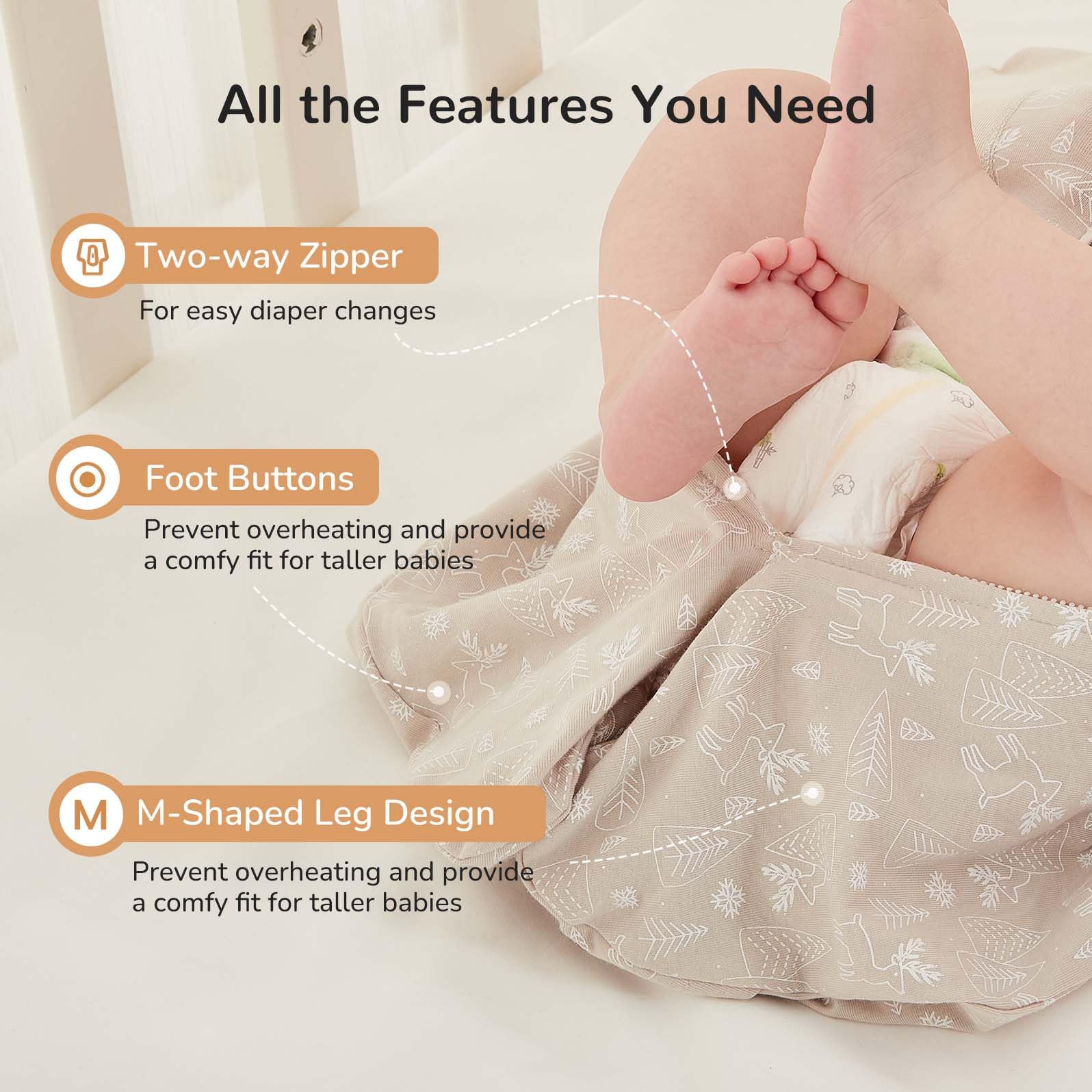 KIDIRA Transition Swaddle Jungle foot buttons adjust fit and prevent overheating.