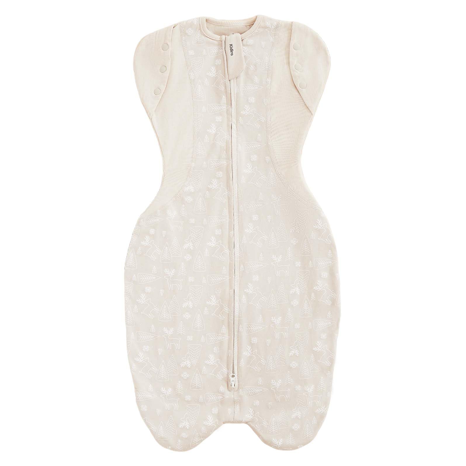 KIDIRA Transition Swaddle Jungle model wearing swaddle for snug, breathable comfort.