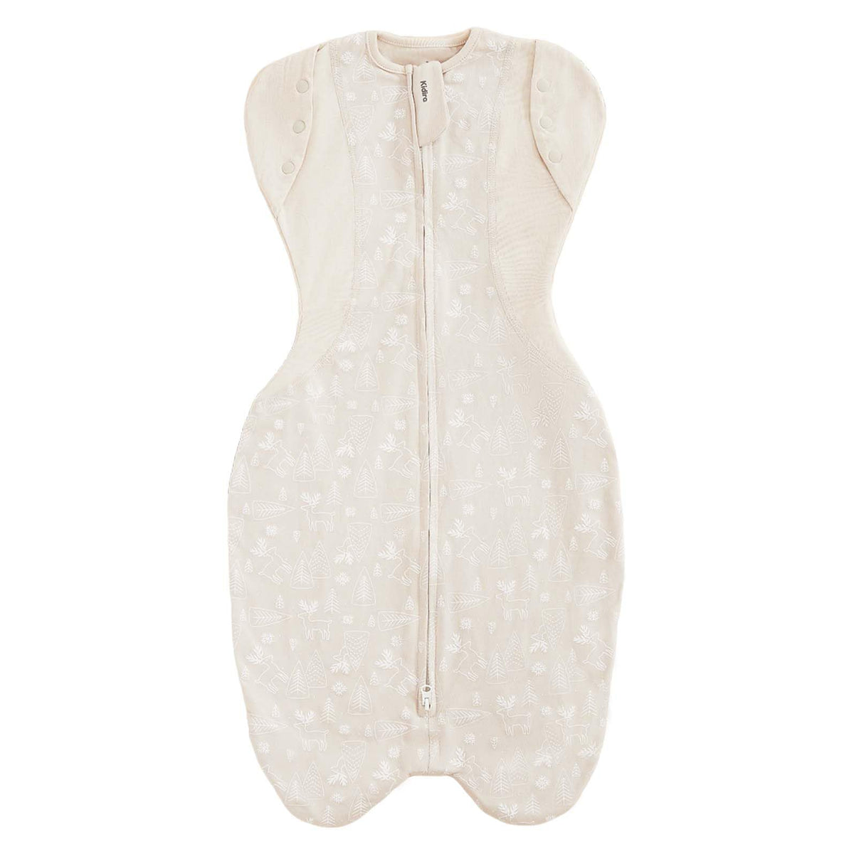 KIDIRA Transition Swaddle Jungle model wearing swaddle for snug, breathable comfort.