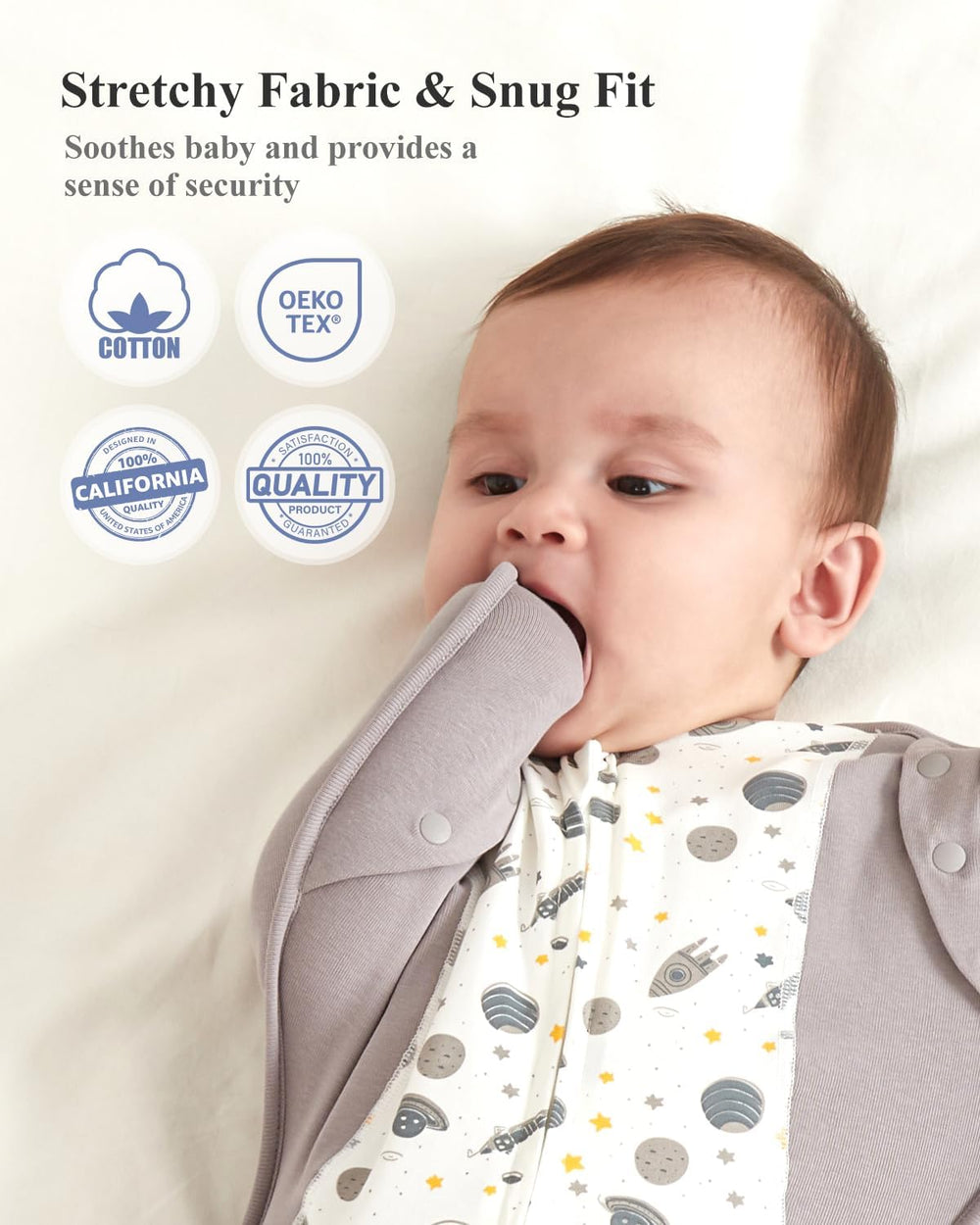 KIDIRA Transition Swaddle spaceships-theme design adds visual appeal during naps.