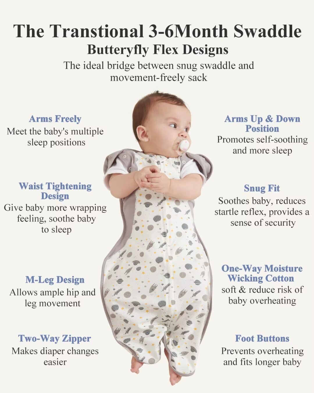 KIDIRA Transition Swaddle wide-hem hip-development promotes comfortable leg movement for growing babies.