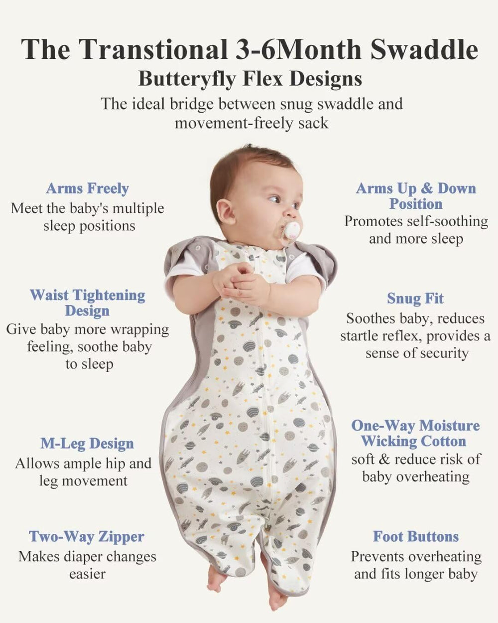 KIDIRA Transition Swaddle wide-hem hip-development promotes comfortable leg movement for growing babies.