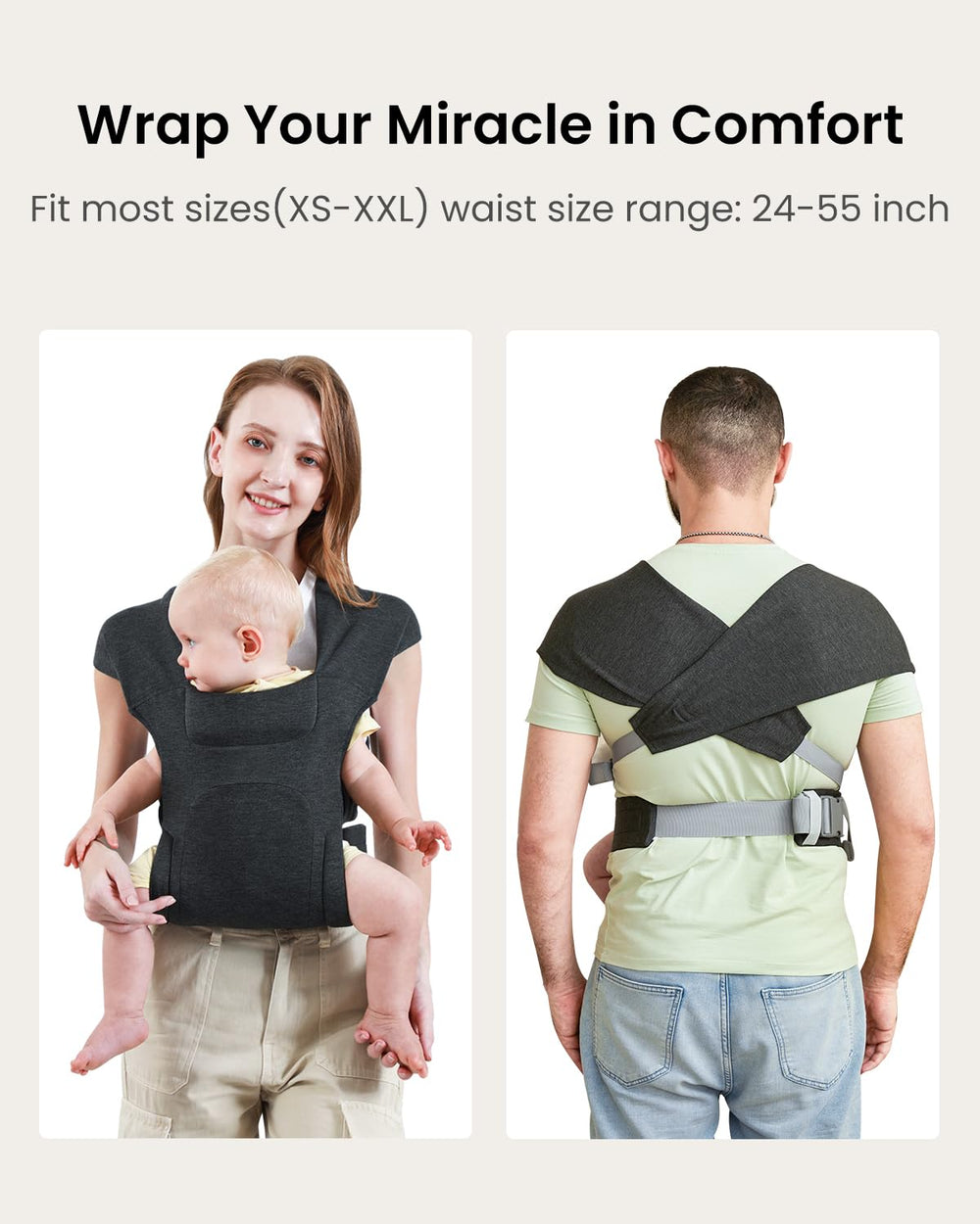 KIDIRA wide waistbelt and cross-straps distribute weight for parent comfort.