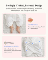KIDIRA wide-hip-hem swaddle supports natural leg movement and hip comfort.
