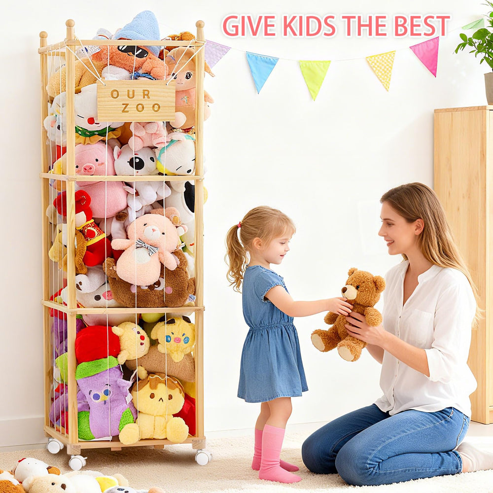 KIDL natural pine finish complements nursery decor while housing plush toys neatly.