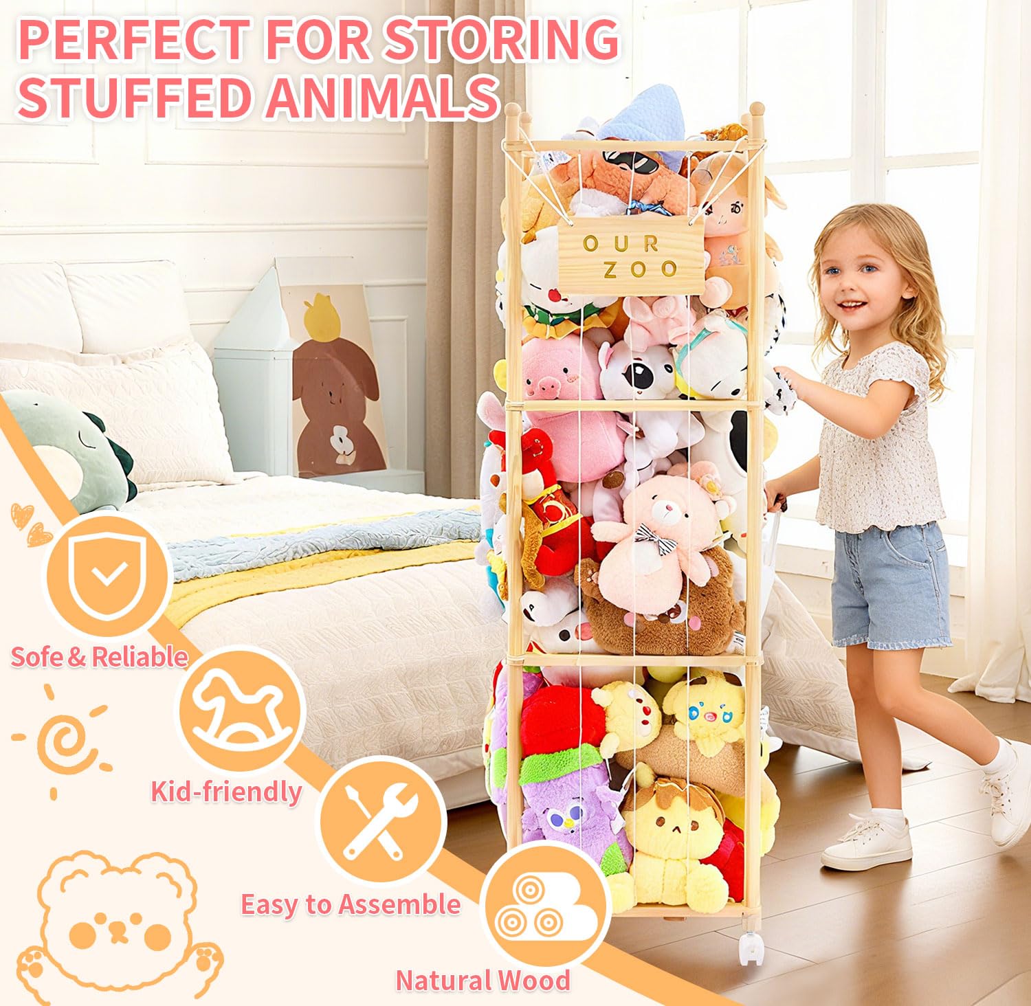 KIDL wooden zoo storage elastic band net closeup highlights secure toy containment and mess reduction.