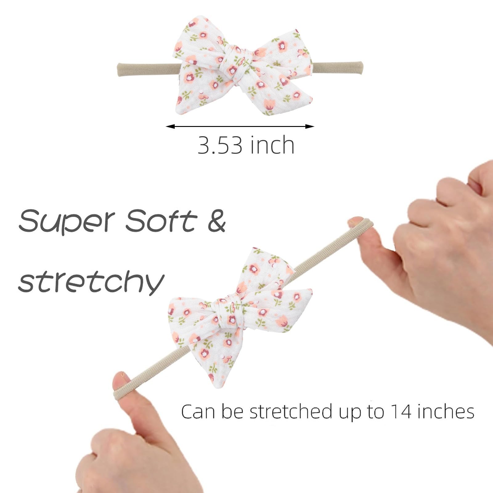 KIDOCHEESE Baby Bows stretchy elastic band demonstrates flexible, secure, no-slip fit.