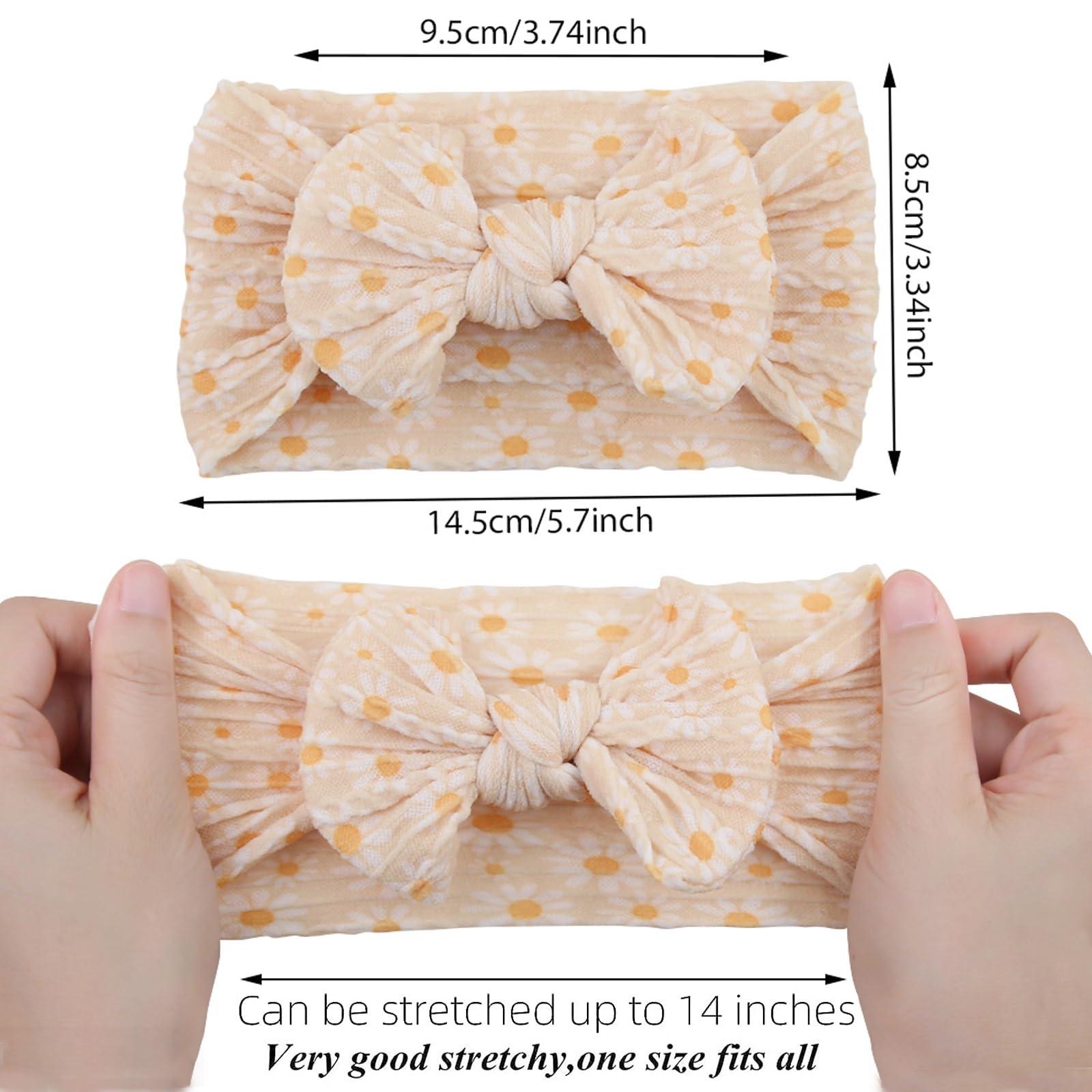 KIDOCHEESE baby headband elastic band fit demonstrates easy stretch for all ages