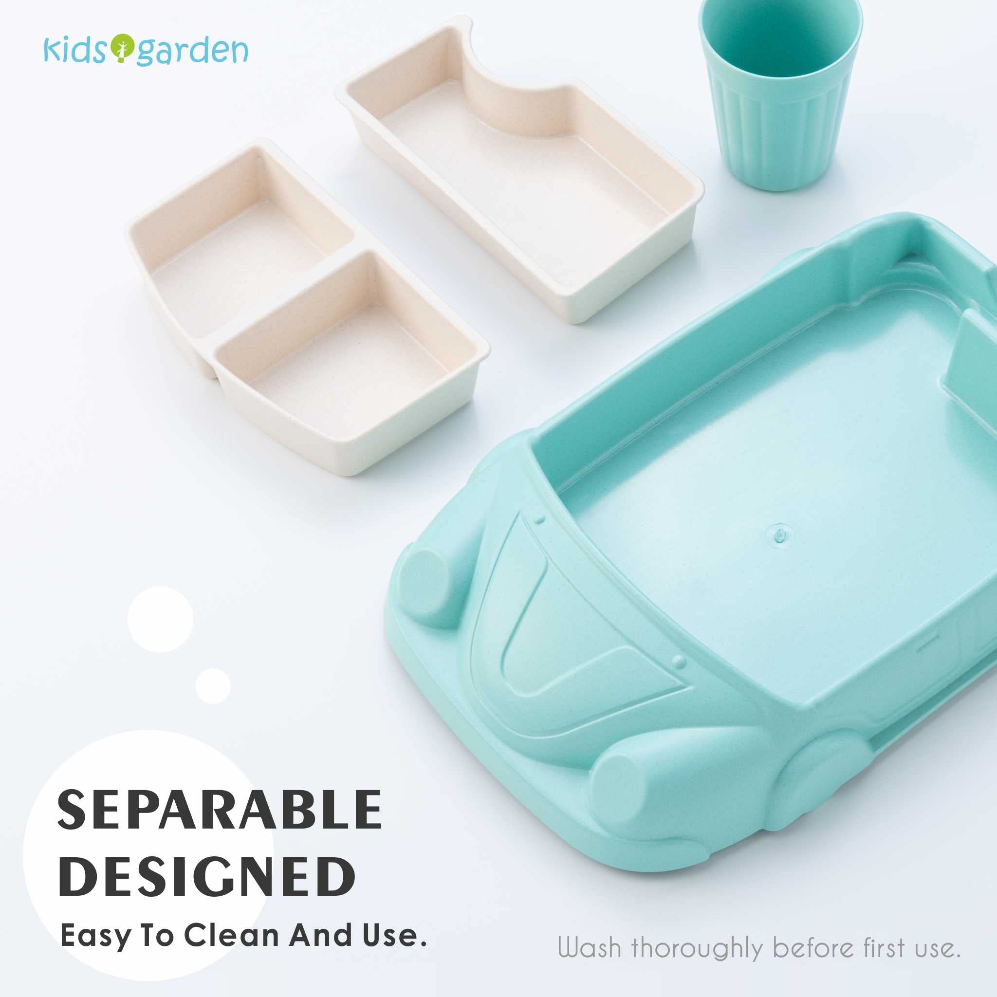 Kids garden bamboo cup slots into plate for stable placement and spill reduction