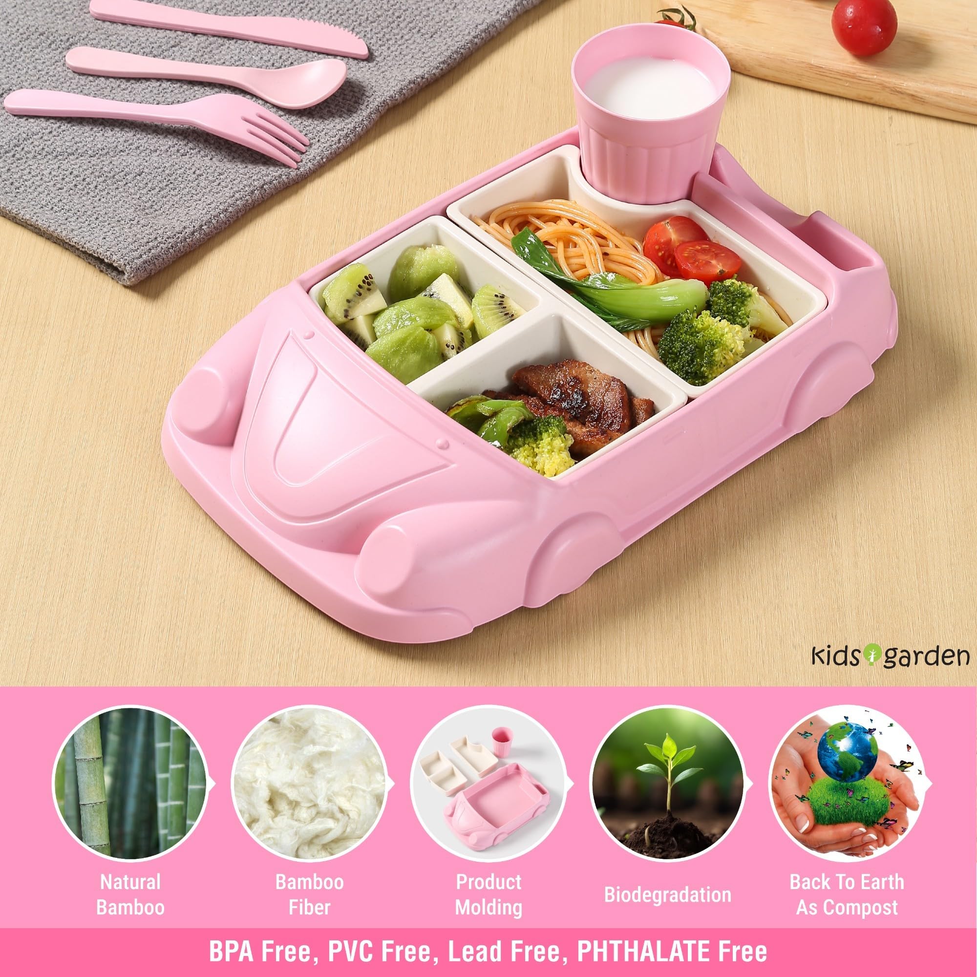 Kids Garden happy-mealtime pink set, appealing dinnerware for toddlers.