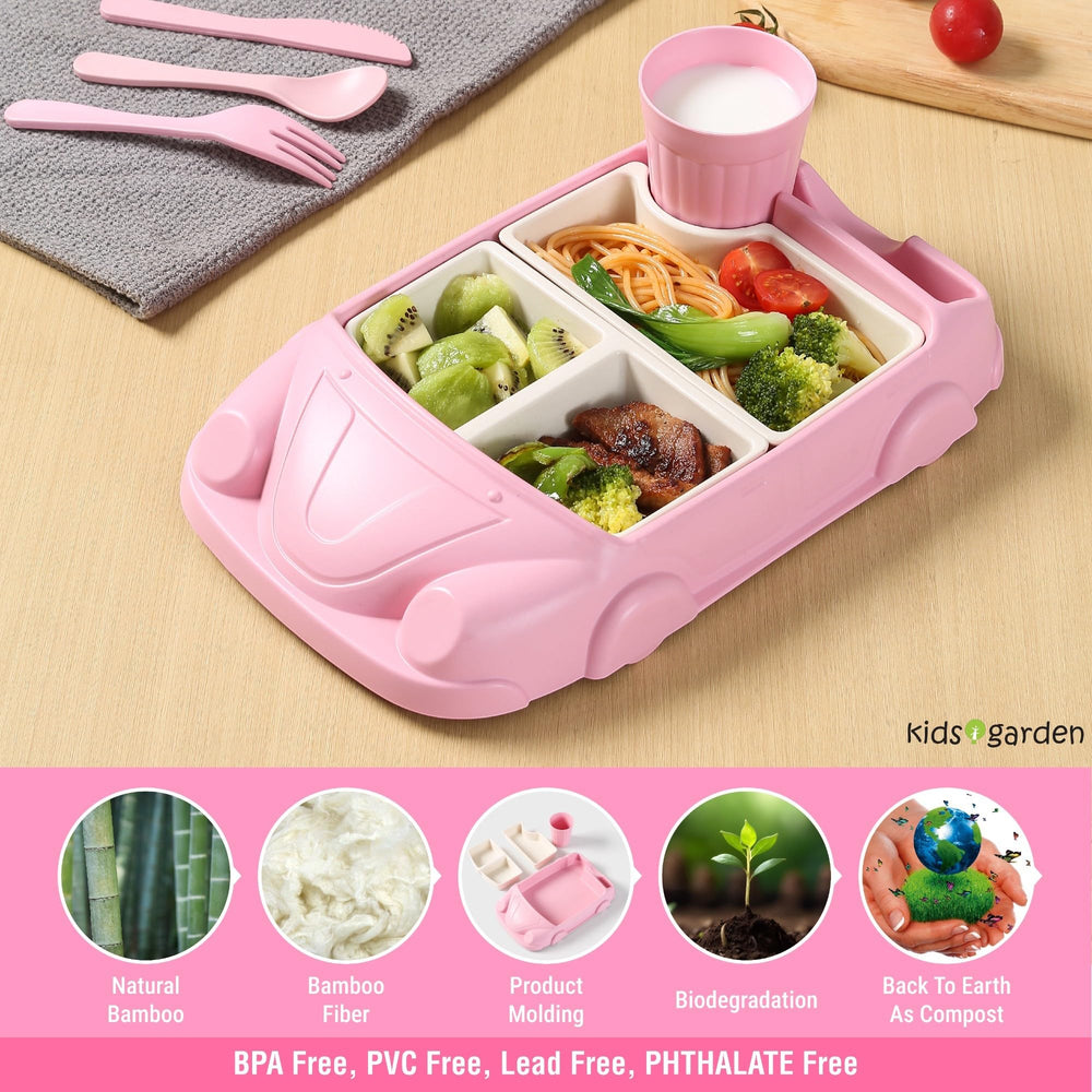 Kids Garden happy-mealtime pink set, appealing dinnerware for toddlers.