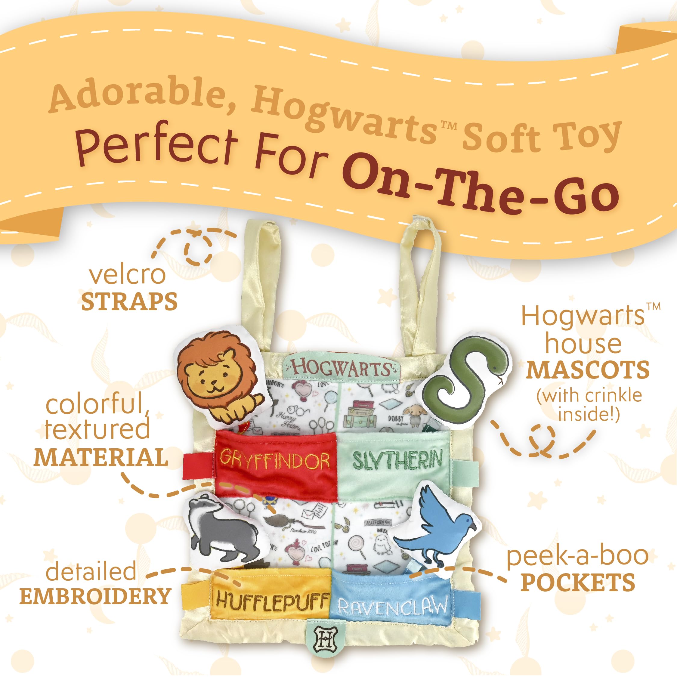 Kids Preferred Hogwarts House peek-a-boo blanket crinkle sounds enhance baby curiosity during play.