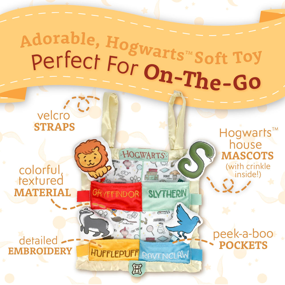 Kids Preferred Hogwarts House peek-a-boo blanket crinkle sounds enhance baby curiosity during play.