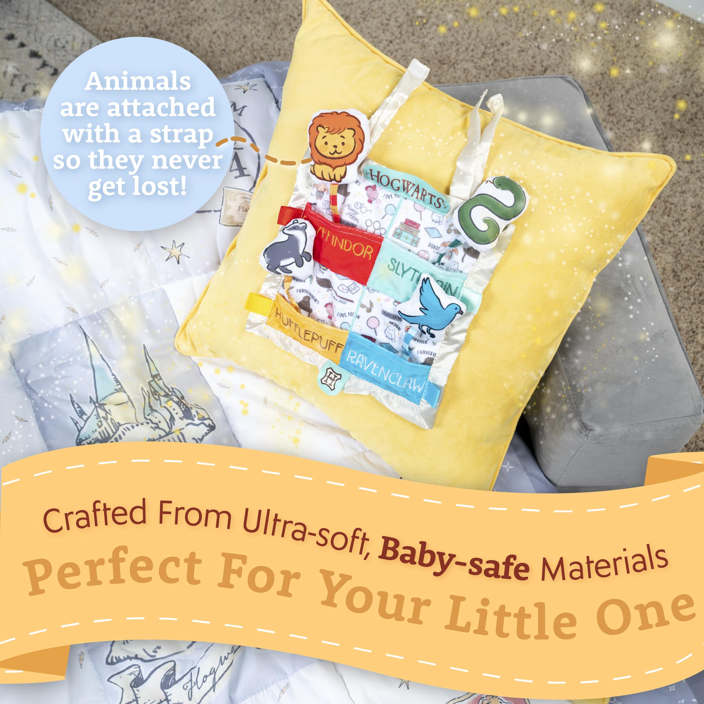 Kids Preferred Hogwarts House peek-a-boo blanket with Velcro straps for easy on-the-go securement.