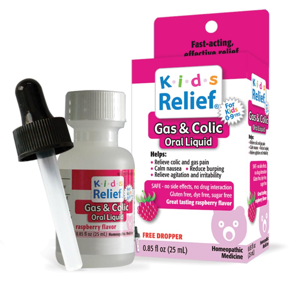 Kids Relief gas-colic drops raspberry bottle with dropper for gentle dosing.