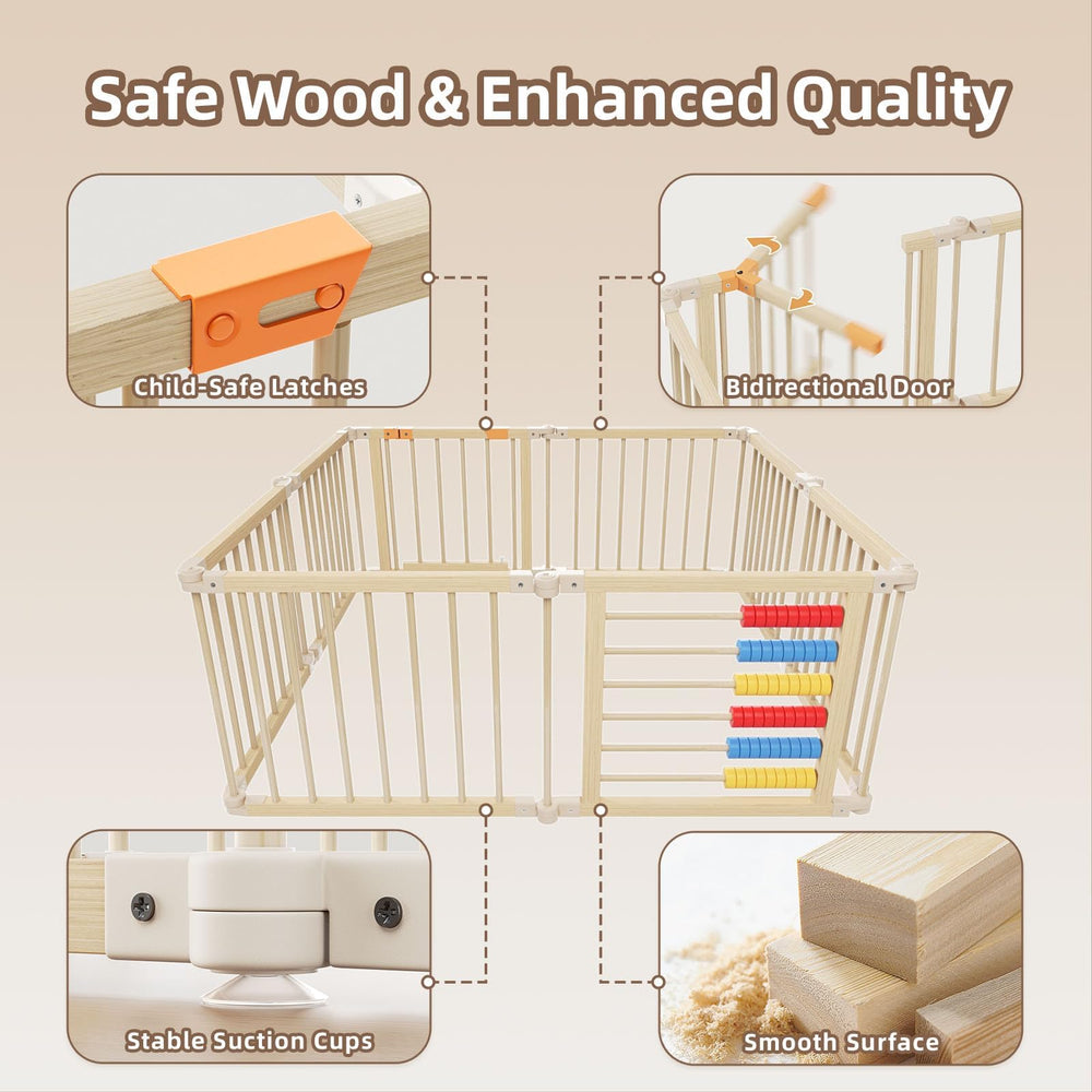 KidsBuddy premium solid wood playpen emphasizes durability and splinter-free experience.