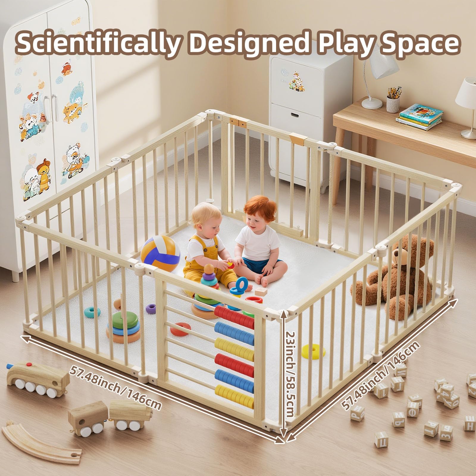 KidsBuddy wooden playpen interior view highlights natural finish and sturdy frame.