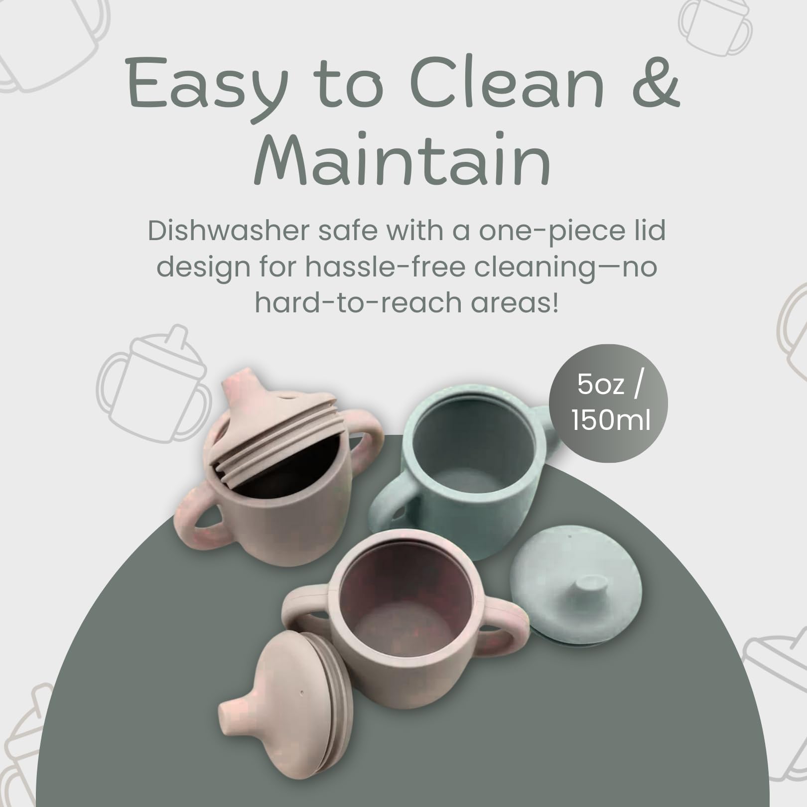 KIDSco silicone sippy cups dishwasher-safe label image emphasizes quick clean after meals.