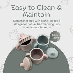 KIDSco silicone sippy cups dishwasher-safe label image emphasizes quick clean after meals.