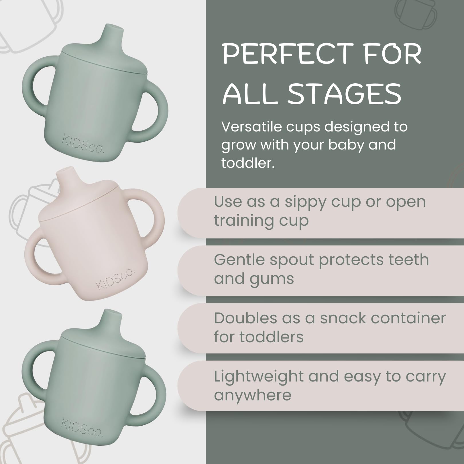 KIDSco silicone sippy cups unbreakable with easy-grip handles shown for confident toddler transitions.