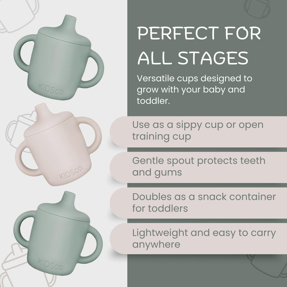 KIDSco silicone sippy cups unbreakable with easy-grip handles shown for confident toddler transitions.