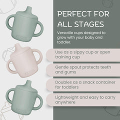 KIDSco silicone sippy cups unbreakable with easy-grip handles shown for confident toddler transitions.