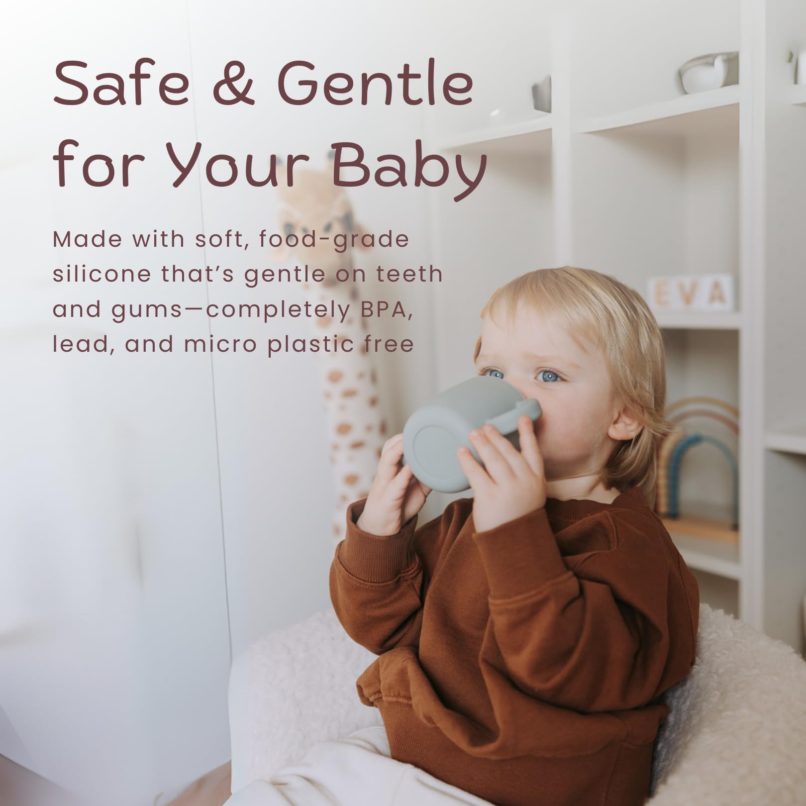 KIDSco silicone sippy cups leak-resistant lid demonstrates spill prevention during snack time.