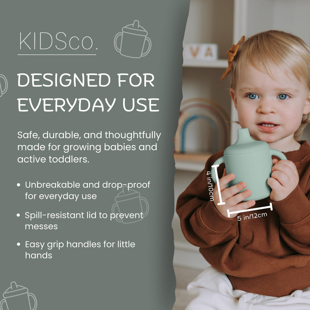 KIDSco silicone sippy cups soft spout close-up demonstrates gentle-teeth-safe sipping for infants.