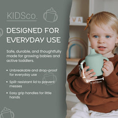 KIDSco silicone sippy cups soft spout close-up demonstrates gentle-teeth-safe sipping for infants.