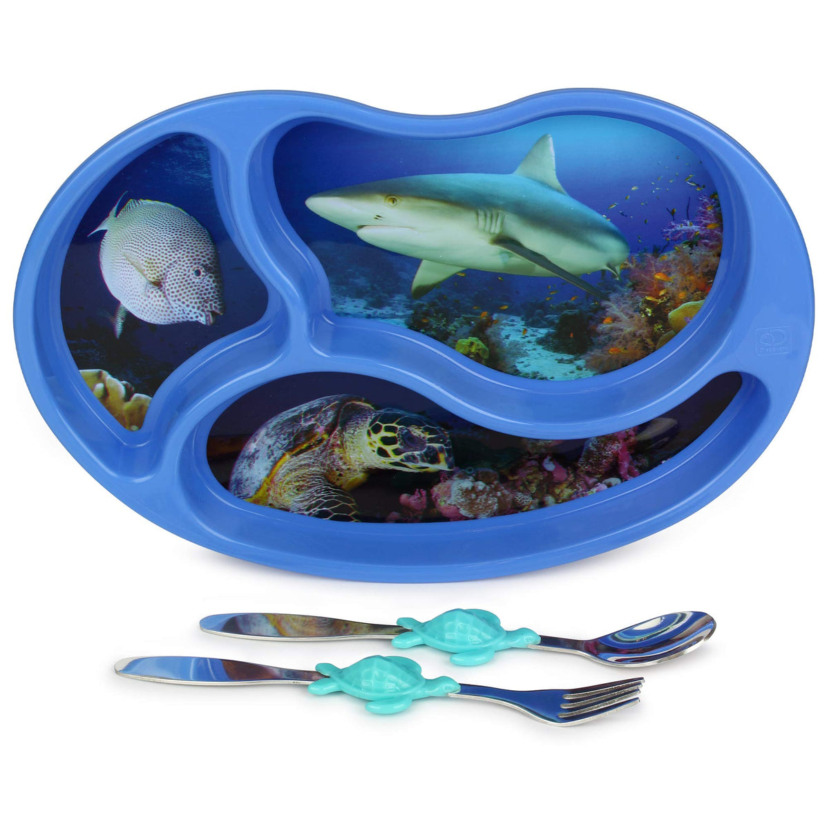 KidsFunwares Blue Ocean Me Time Plate emphasizes a vibrant blue ocean design to keep meals organized and fun.