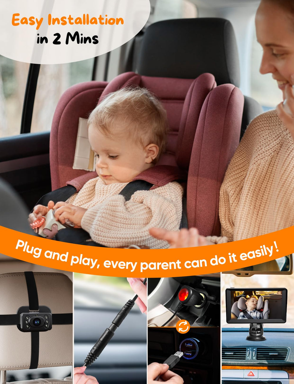 Kidsneed 360-rotating backseat camera offers flexible viewing angles.