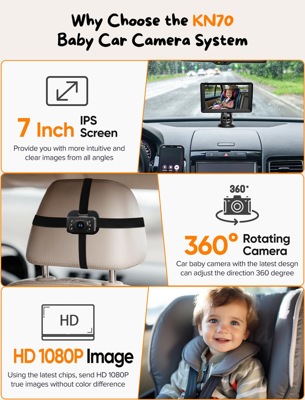Kidsneed two-kids camera HD 1080p rear view aids twin backseat visibility.