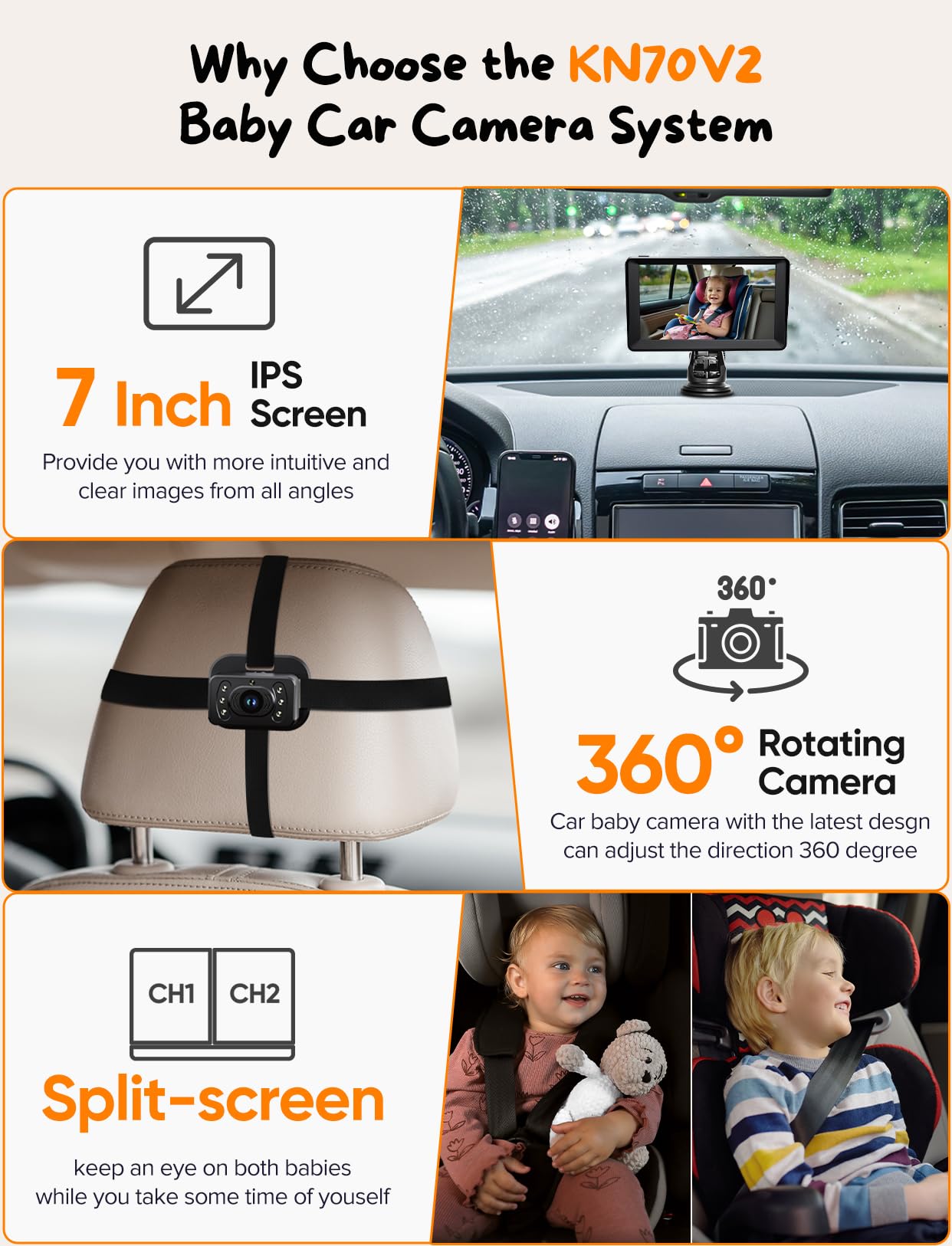 Kidsneed dual backseat cameras offer split-screen visibility for two kids.