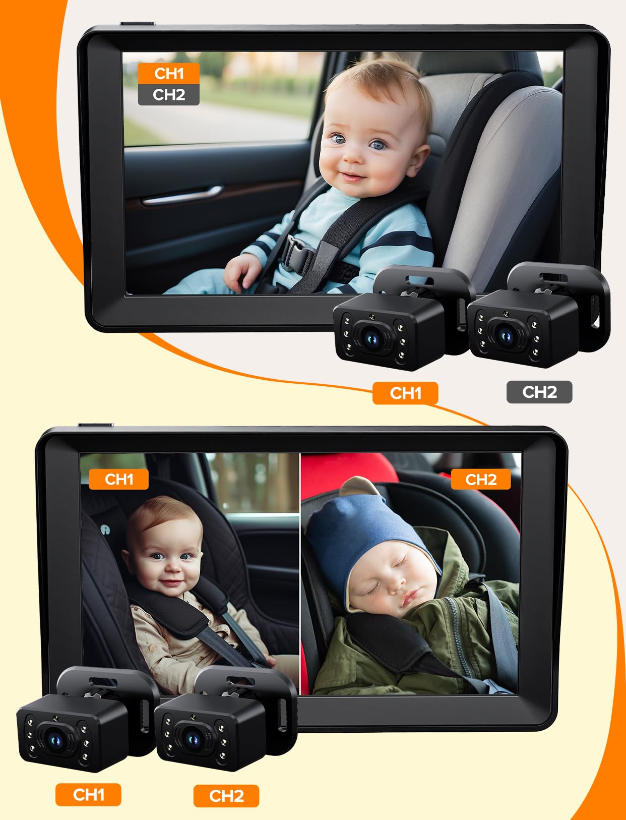 Kidsneed split-screen view keeps front and back seats under watch.
