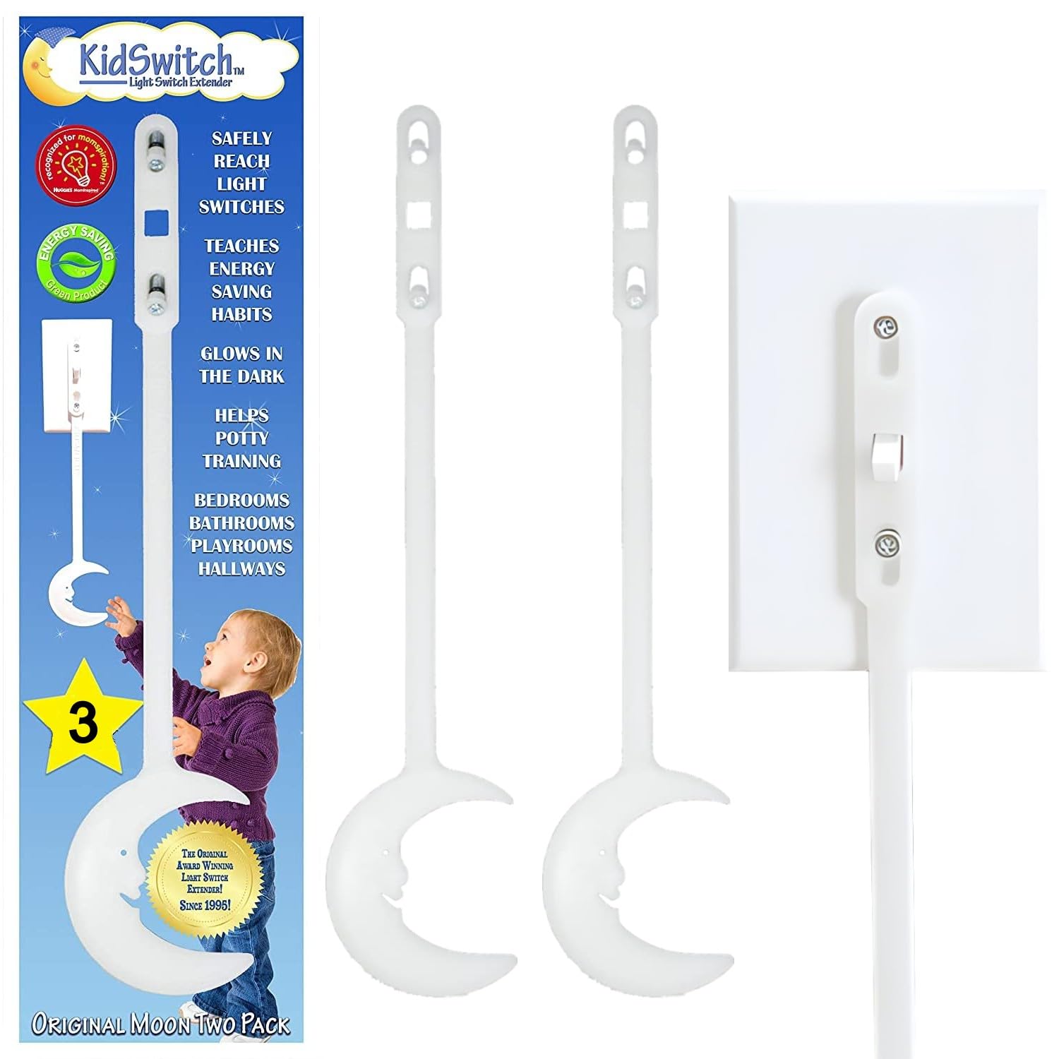 Kidswitch light switch extender glow-dark helps kids reach lights at night for safer independence.