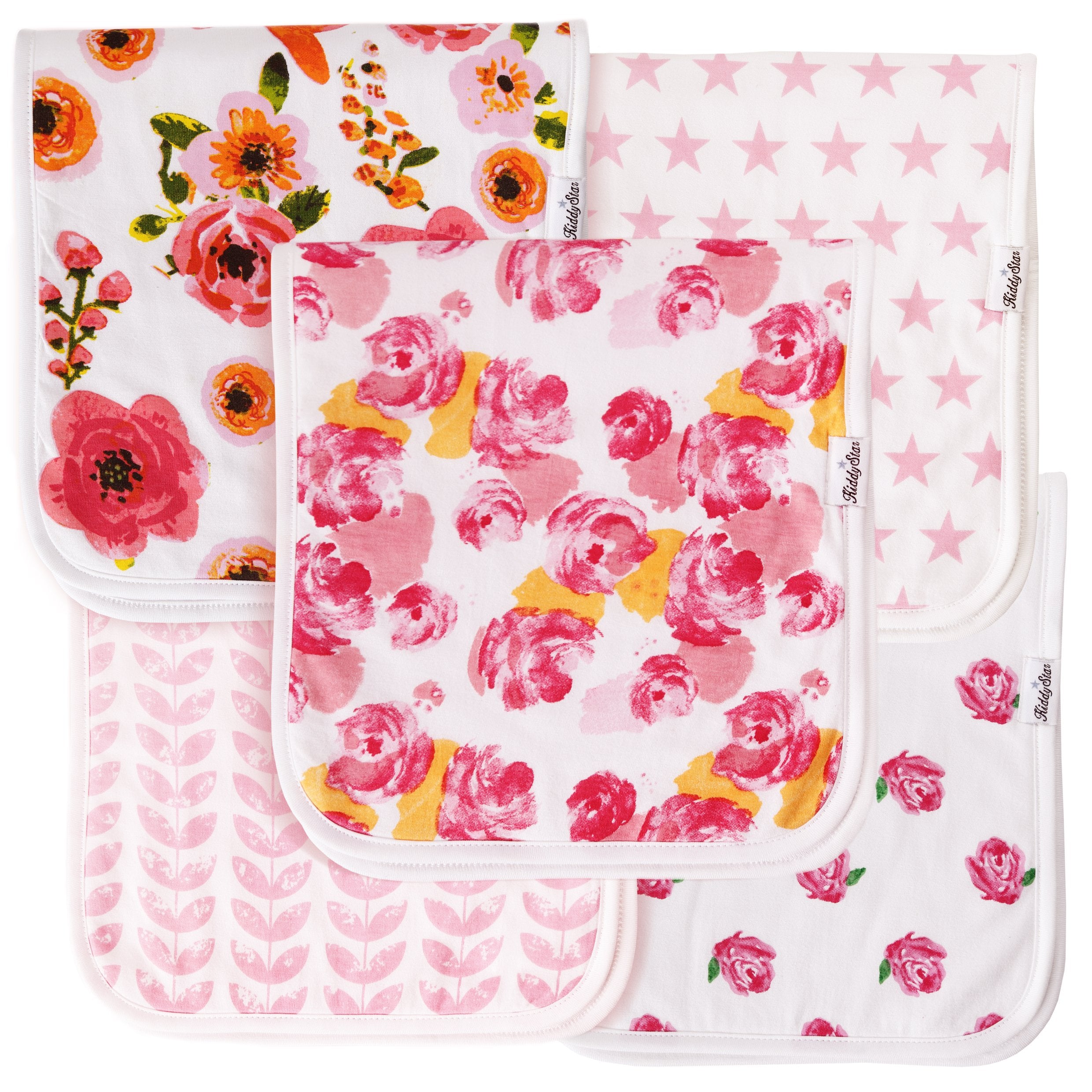 KiddyStar 5-pack organic cotton burp cloths laid out for soft baby comfort