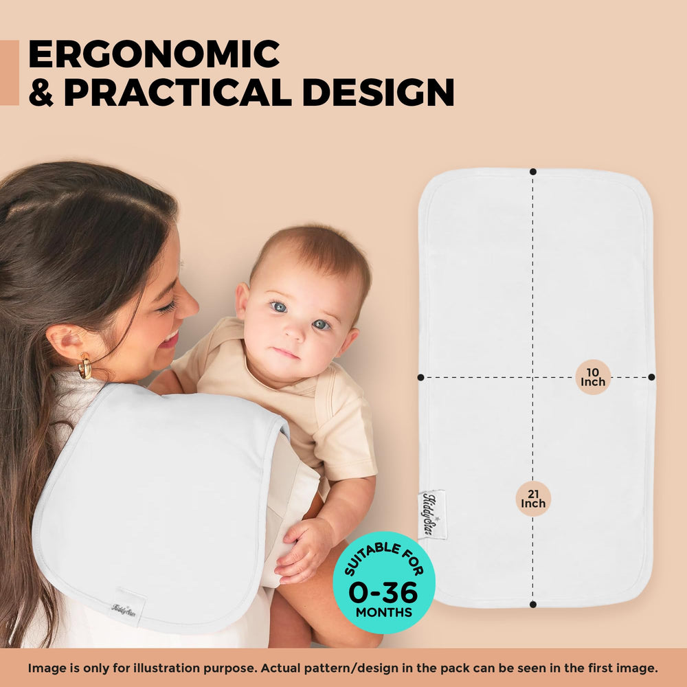 KiddyStar extra-large burp cloth 21x10 inches covers shoulders to reduce mess