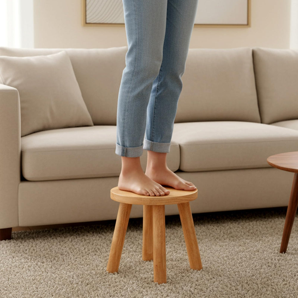 Kifmurase solid wood step stool top view emphasizes 9x9 inch surface for stability.